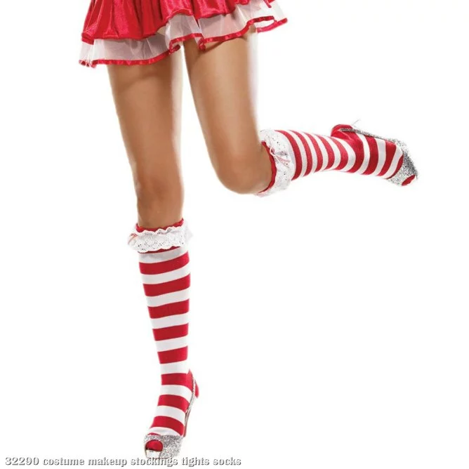 Candy Cane Knee Socks W/ Eyelet Ruffle 1 Candy Cane Knee Socks W/ Eyelet Ruffle