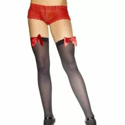 Thigh High Stockings Black With Red Bow - Adult