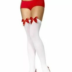 Thigh High Stockings White With Red Bow - Adult