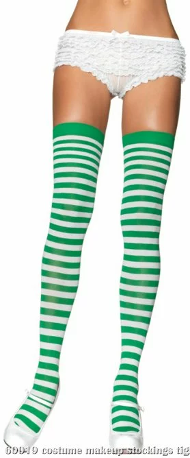 Nylon Striped Thigh Highs Green & White 1 Nylon Striped Thigh Highs Green & White