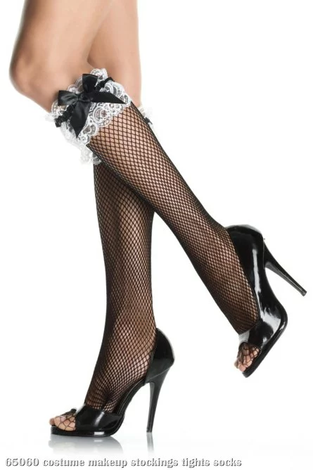 Fishnet Knee Highs With Lace Ruffle And Bow Adult 1 Fishnet Knee Highs With Lace Ruffle And Bow Adult